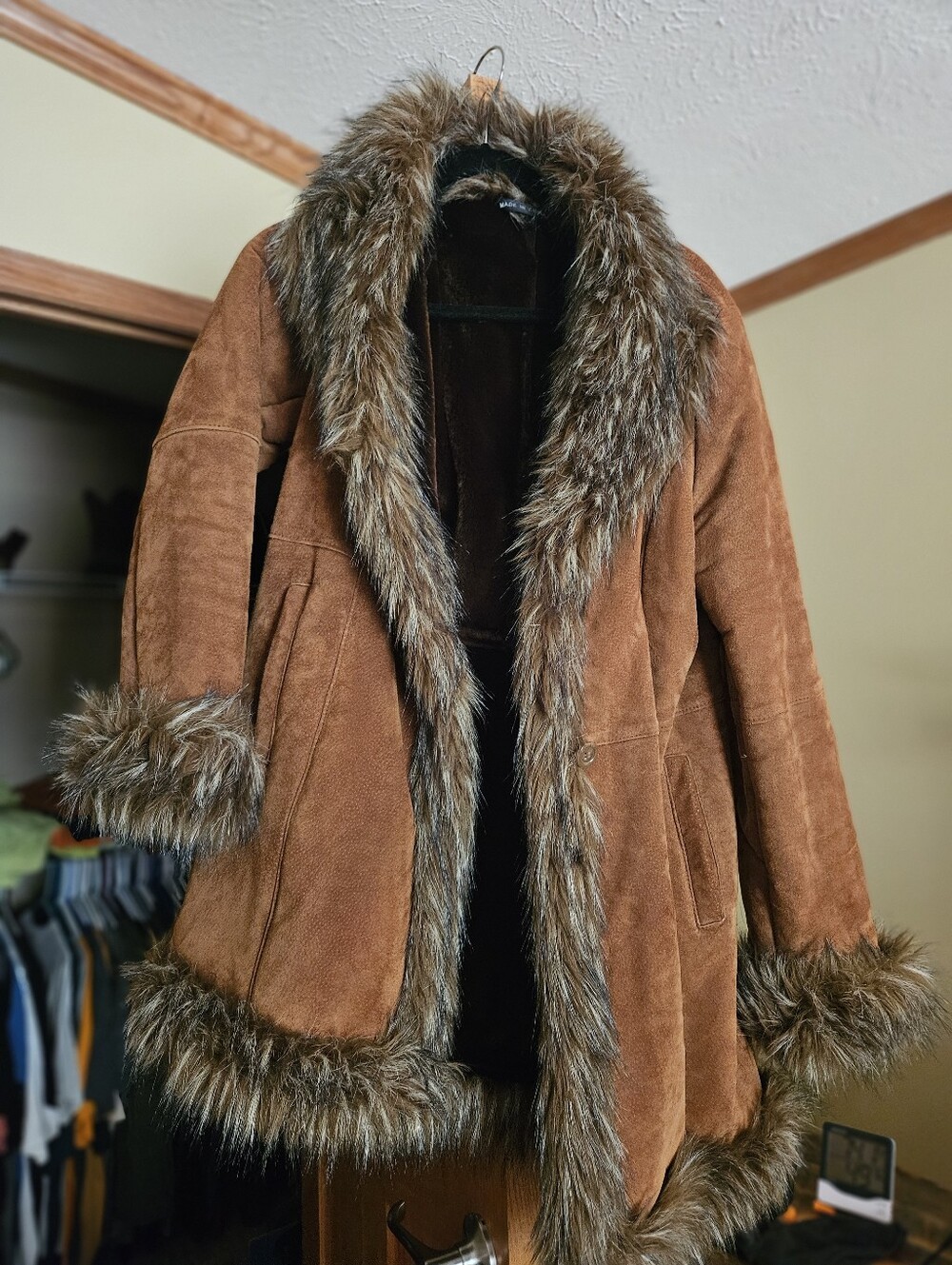 Large Brown Wilsons Leather Faux Fur Trimmed Suede Coat - Picture 1 of 7